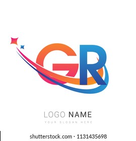 initial letter GR logotype company name colored orange, red and blue swoosh star design. vector logo for business and company identity.