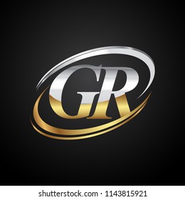 initial letter GR logotype company name colored gold and silver swoosh design. isolated on black background.