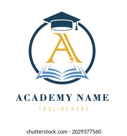 Initial A Letter with Graduation hat and book for Academy, Education, Study Business Logo Design Idea