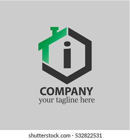 Initial letter I green black logo in the middle of vector home design icon with hexagonal shape, good logo for company, corporate, property, construction, real estate company/corporate