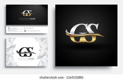 initial letter GS logotype company name colored gold and silver swoosh design. Vector sets for business identity on white background.