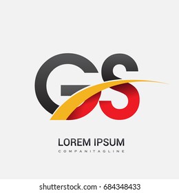 initial letter GS logotype company name colored red, black and yellow swoosh design. isolated on white background.
