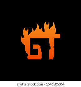 Initial letter GT with fire flames logo design. Creative lettering design concept suitable for company, corporate business and GAME brand identity. Collection of fonts with burn idea isolated black.