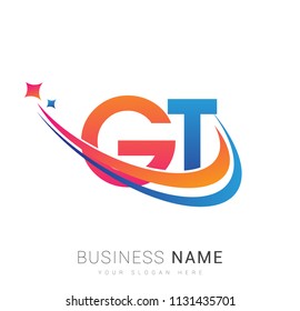 initial letter GT logotype company name colored orange, red and blue swoosh star design. vector logo for business and company identity.