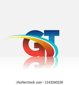 initial letter GT logotype company name colored red and blue and swoosh design. vector logo for business and company identity.

