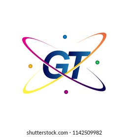 initial letter GT logotype science icon colored blue, red, green and yellow swoosh design. vector logo for business and company identity.
