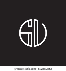 Initial letter GU, GV, minimalist line art monogram circle shape logo, white color on black background