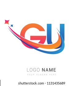 initial letter GU logotype company name colored orange, red and blue swoosh star design. vector logo for business and company identity.