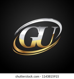 initial letter GU logotype company name colored gold and silver swoosh design. isolated on black background.