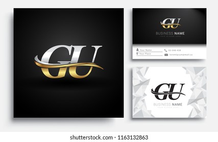 initial letter GU logotype company name colored gold and silver swoosh design. Vector sets for business identity on white background.