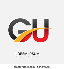 initial letter GU logotype company name colored red, black and yellow swoosh design. isolated on white background.
