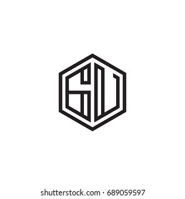 Initial letter GU, minimalist line art monogram hexagon logo, black color