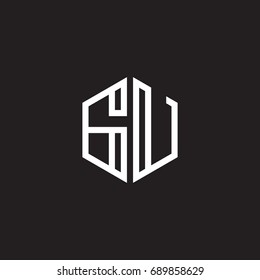 Initial letter GU, minimalist line art monogram hexagon shape logo, white color on black background