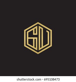 Initial letter GU, minimalist line art hexagon logo, gold color on black background
