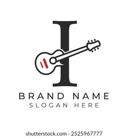 Initial Letter I Guitar icon with Line Art Style for Chord. Alphabet I with Musical instrument logo design