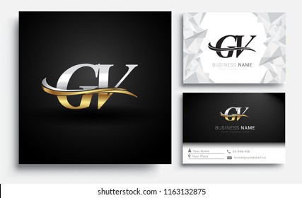 initial letter GV logotype company name colored gold and silver swoosh design. Vector sets for business identity on white background.
