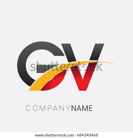 initial letter GV logotype company name colored red, black and yellow swoosh design. isolated on white background
