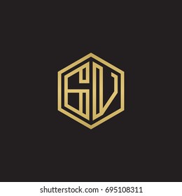 Initial letter GV, minimalist line art hexagon logo, gold color on black background