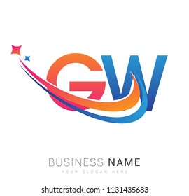 initial letter GW logotype company name colored orange, red and blue swoosh star design. vector logo for business and company identity.