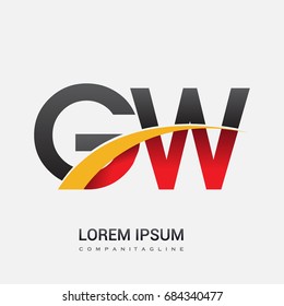 initial letter GW logotype company name colored red, black and yellow swoosh design. isolated on white background.
