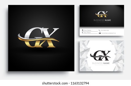 initial letter GX logotype company name colored gold and silver swoosh design. Vector sets for business identity on white background.