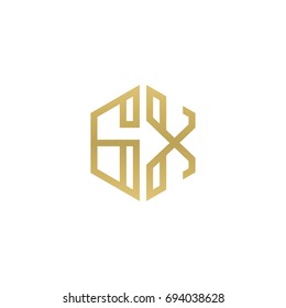 Initial letter GX, minimalist line art hexagon shape logo, gold color