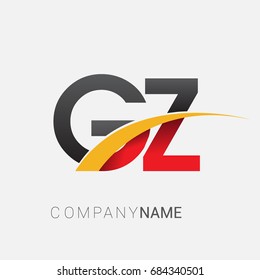 initial letter GZ logotype company name colored red, black and yellow swoosh design. isolated on white background.
