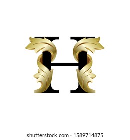 Initial letter H, 3D luxury golden leaf overlapping black sherif font on white background