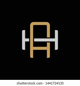 Initial letter H and A, HA, AH, overlapping interlock logo, monogram line art style, silver gold on black background
