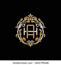 Initial letter H and A, HA, AH, decorative ornament emblem badge, overlapping monogram logo, elegant luxury silver gold color on black background