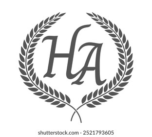 Initial letter H and A, HA monogram logo design with laurel wreath. Luxury calligraphy font.