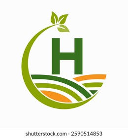 Initial Letter H Agriculture And Farming Logo Combine With Field and Leaf Symbol