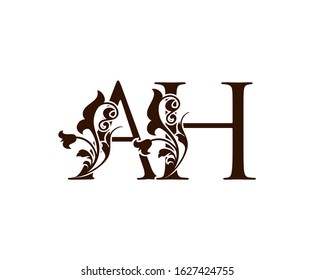 Initial letter A and H, AH brown vintage decorative ornament emblem badge, overlapping monogram logo, classy letter logo icon.