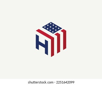 initial Letter H with American Flag in Shape of Hexagon Logo Concept symbol icon sign Element Design. Home, Real Estate, Realtor, Mortgage, House Logotype. Vector illustration template