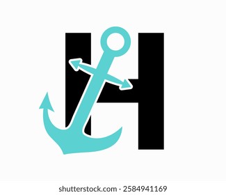 Initial Letter H Anchor Logo Design Concept For Boat, Ship, Yacht, Nautical Transport Symbol