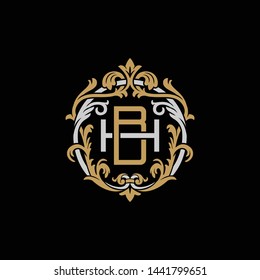Initial letter H and B, HB, BH, decorative ornament emblem badge, overlapping monogram logo, elegant luxury silver gold color on black background