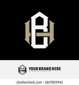 Überlappende Anfangsbuchstaben H, B, HB oder BH, Verriegelung, Monogramm-Logo, weiß und cremefarben auf schwarzem Hintergrund