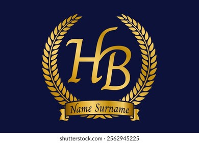 Initial letter H and B, HB monogram logo design with laurel wreath. Luxury golden calligraphy font.