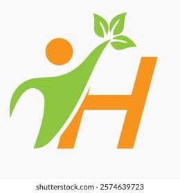 Initial Letter H Bio or Healthcare Logo Design Concept With Human And Green Leaf Symbol