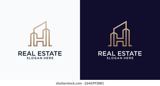 Elemento de Plantilla de diseño de logotipo de construcción de letra H inicial. en color dorado.