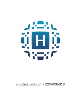 Initial letter H circle digital tech electronic pixel emblem logo