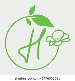 Initial Letter H circle of leaves and flowers logo design. Simple and elegant floral alphabet letter font. Vector Illustration.
