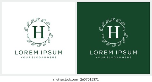 Anfangsbuchstabe h kosmetische Spa-und Mode-Logo-Design, Serif-Schrift-Symbol-Symbol, grünes Blatt organische Grafik Vektor
