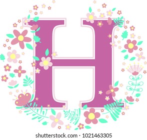 initial letter h with decorative flowers and design elements isolated on white background. can be used for baby name, nursery decoration, spring themes or wedding invitation.