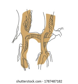 Initial letter H. Decorative font from tree roots. Environmental design. Nature typography