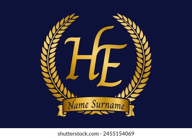 Initial letter H and E, HE monogram logo design with laurel wreath. Luxury golden calligraphy font.