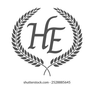 Letra inicial H e E, HE monograma design logotipo com coroa de louro. Fonte de caligrafia de luxo.