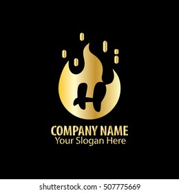 Initial Letter H With Fire Logo Gold