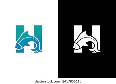 Initial Letter H Fish Logo Design Vector Icon Graphic Emblem Illustration. Word mark logo icon formed fish symbol in letter H in White background.