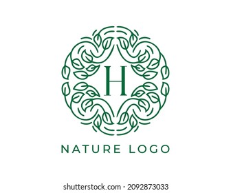 letra inicial Plantilla de ilustraciones de diseño de vectores con logotipo floral H. 
Diseño con logotipo vectorial para productos naturales, floristería, cosméticos, ecológicos, salud, spa.